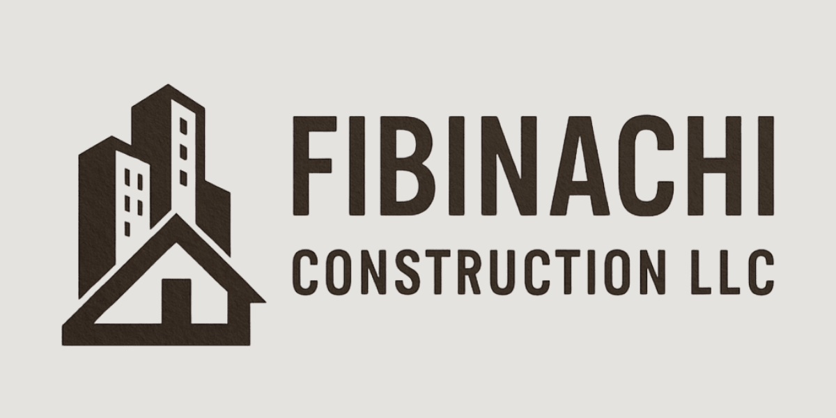Logo for Fibinachi Construction LLC featuring a house and buildings design