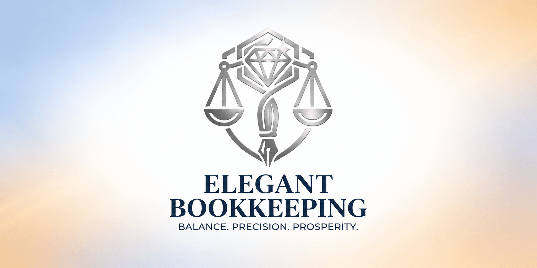 Elegant Bookkeeping logo featuring scales and a diamond with the tagline on balance and prosperity