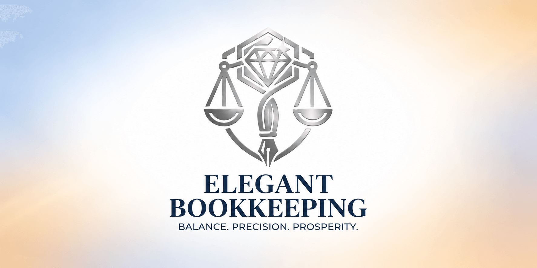 Elegant Bookkeeping logo featuring scales and a diamond with the tagline on balance and prosperity