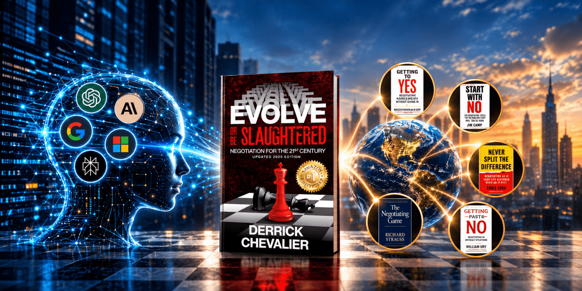 Book cover featuring "Evolve or Be Slaughtered" by Derrick Chevalier alongside negotiation strategy visuals