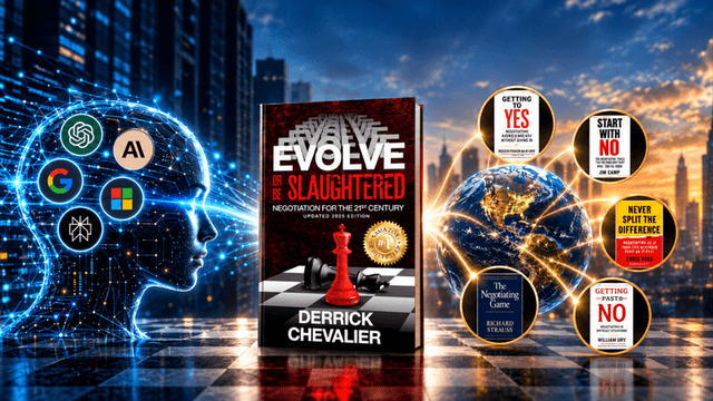 Book cover featuring "Evolve or Be Slaughtered" by Derrick Chevalier alongside negotiation strategy visuals