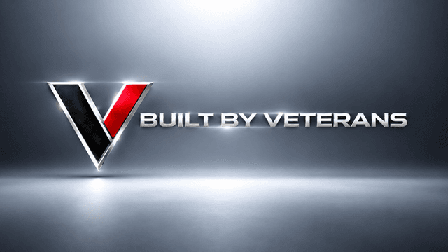 Stylized letter "V" logo with text "BUILT BY VETERANS" on a gradient background