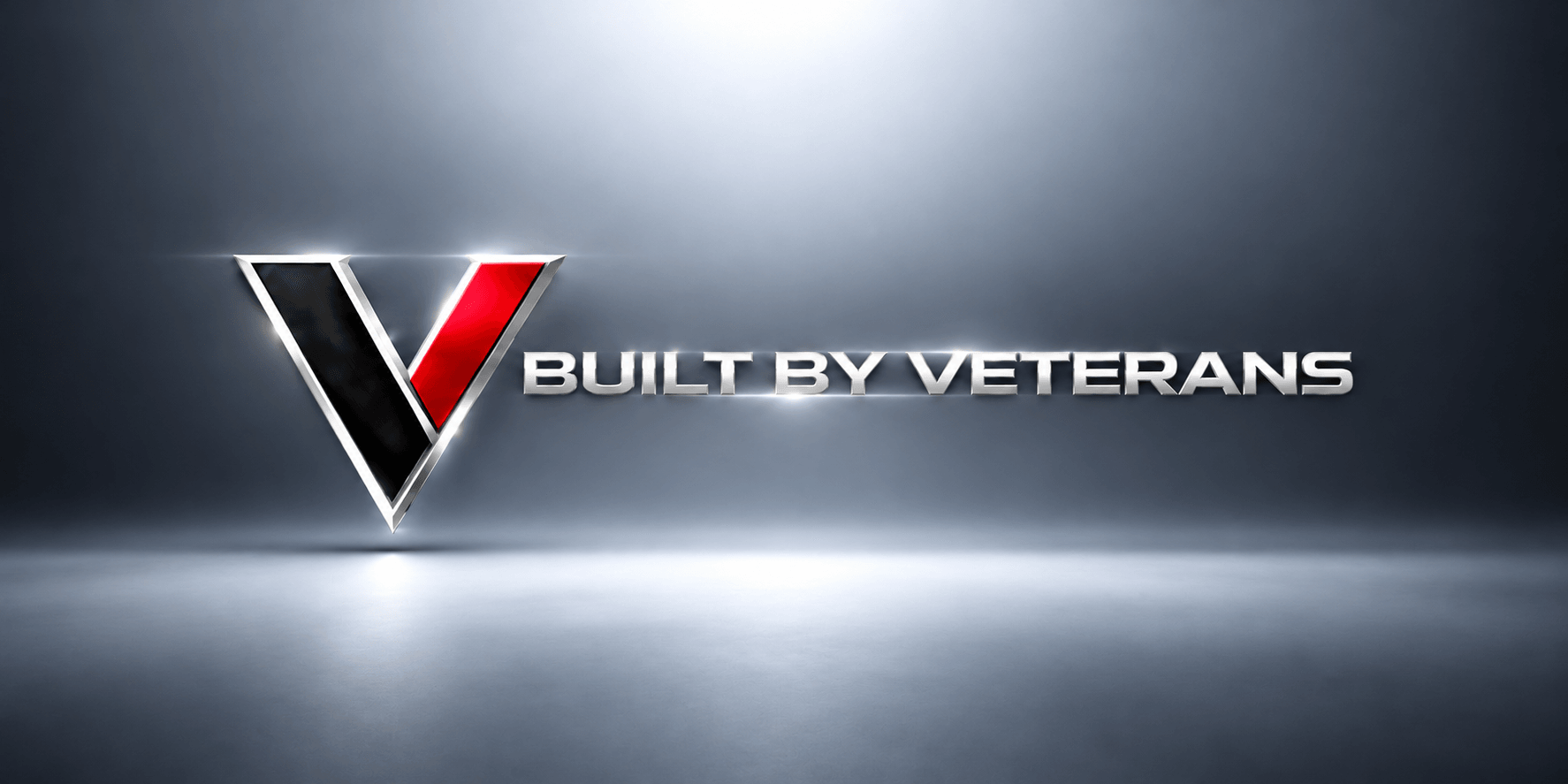 Stylized letter "V" logo with text "BUILT BY VETERANS" on a gradient background