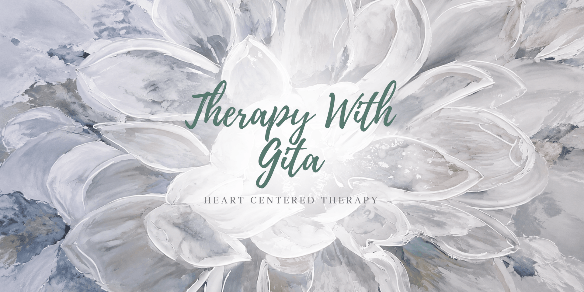 Abstract floral design with the text "Therapy With Gita" and "Heart Centered Therapy"