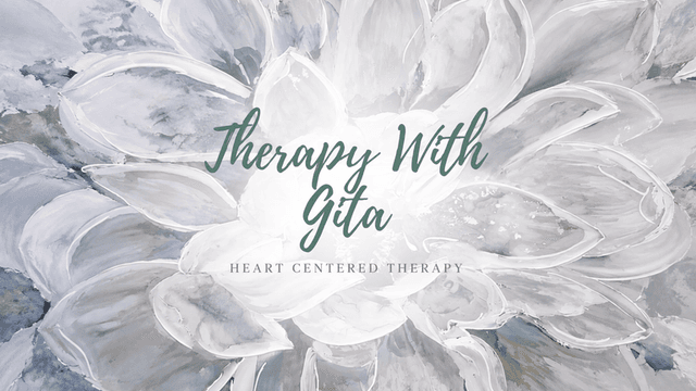 Abstract floral design with the text "Therapy With Gita" and "Heart Centered Therapy"