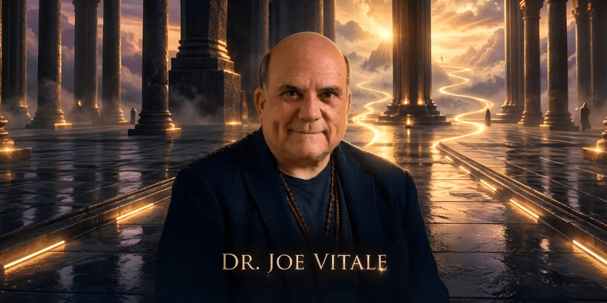 A man with a calm expression stands in an ethereal, illuminated temple setting.