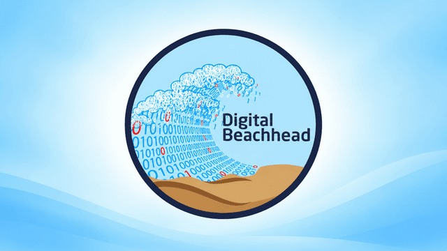 Graphic illustrating a wave of binary code with "Digital Beachhead" text overlay.