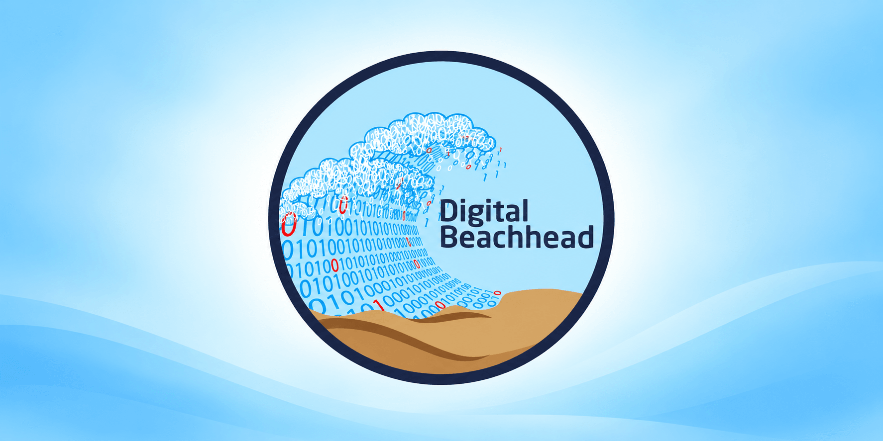 Graphic illustrating a wave of binary code with "Digital Beachhead" text overlay.