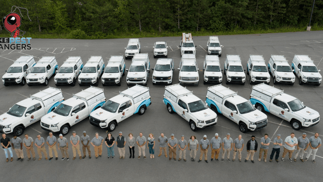 Aerial view of a team standing in front of multiple pest control vehicles