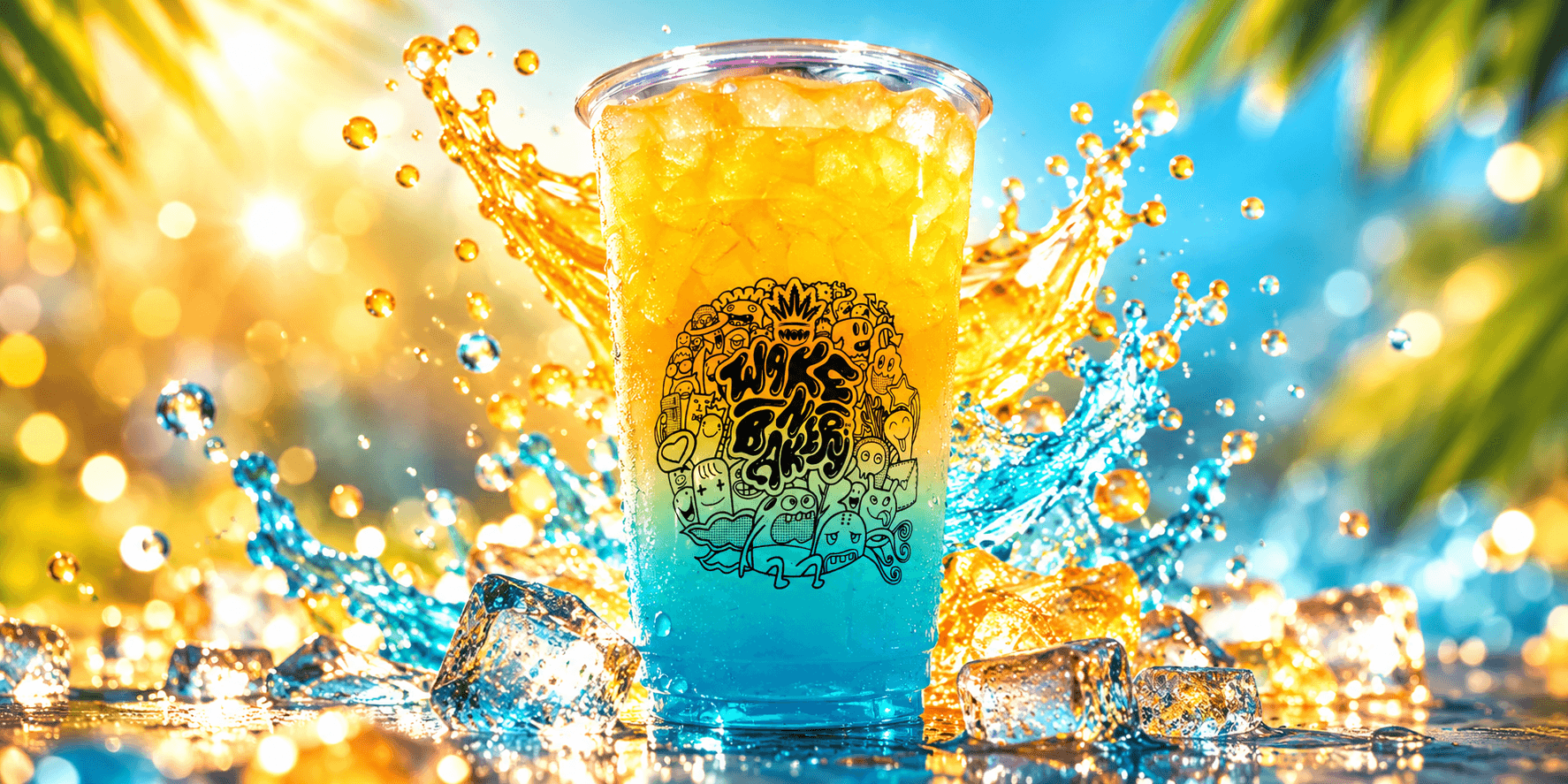 Colorful beverage in a clear cup with ice, surrounded by splashes of water