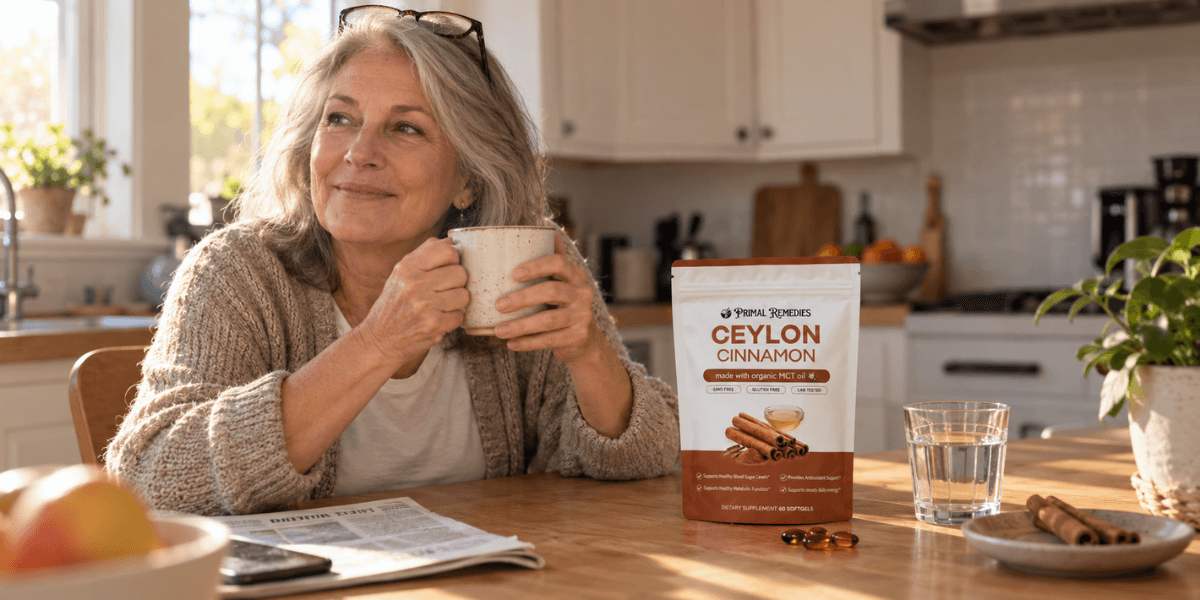 Woman holding a mug, sitting at a kitchen table with cinnamon and a newspaper