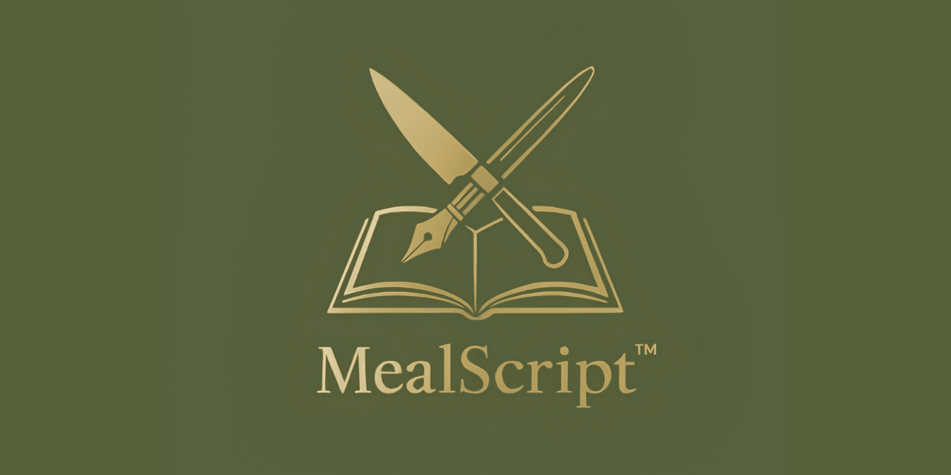 Logo of MealScript featuring an open book with a knife and pen crossed over it