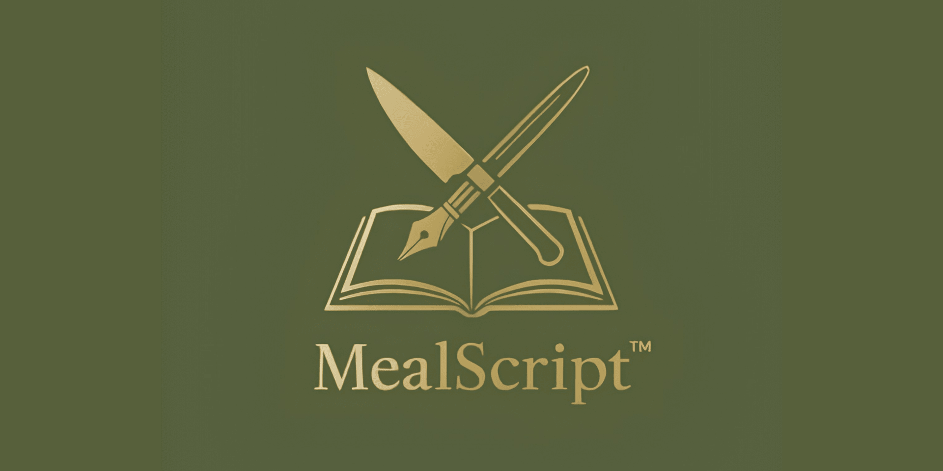 Logo of MealScript featuring an open book with a knife and pen crossed over it