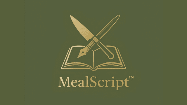 Logo of MealScript featuring an open book with a knife and pen crossed over it