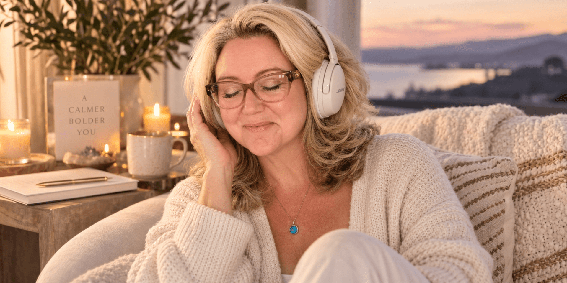 Woman wearing headphones relaxes on a cozy sofa with candles and a view.
