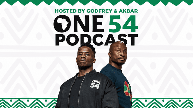 Two hosts standing side by side promoting the One54 Podcast with African patterns in the background