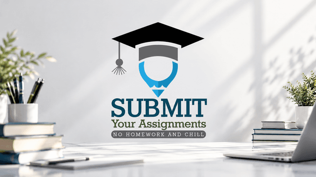 Logo for a homework submission service with a graduation cap and a desk setup