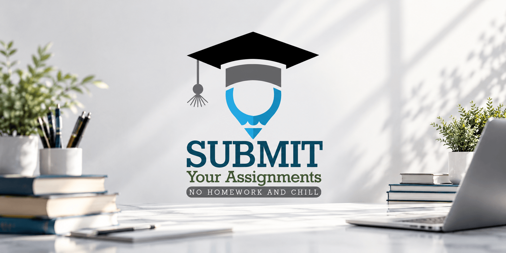 Logo for a homework submission service with a graduation cap and a desk setup