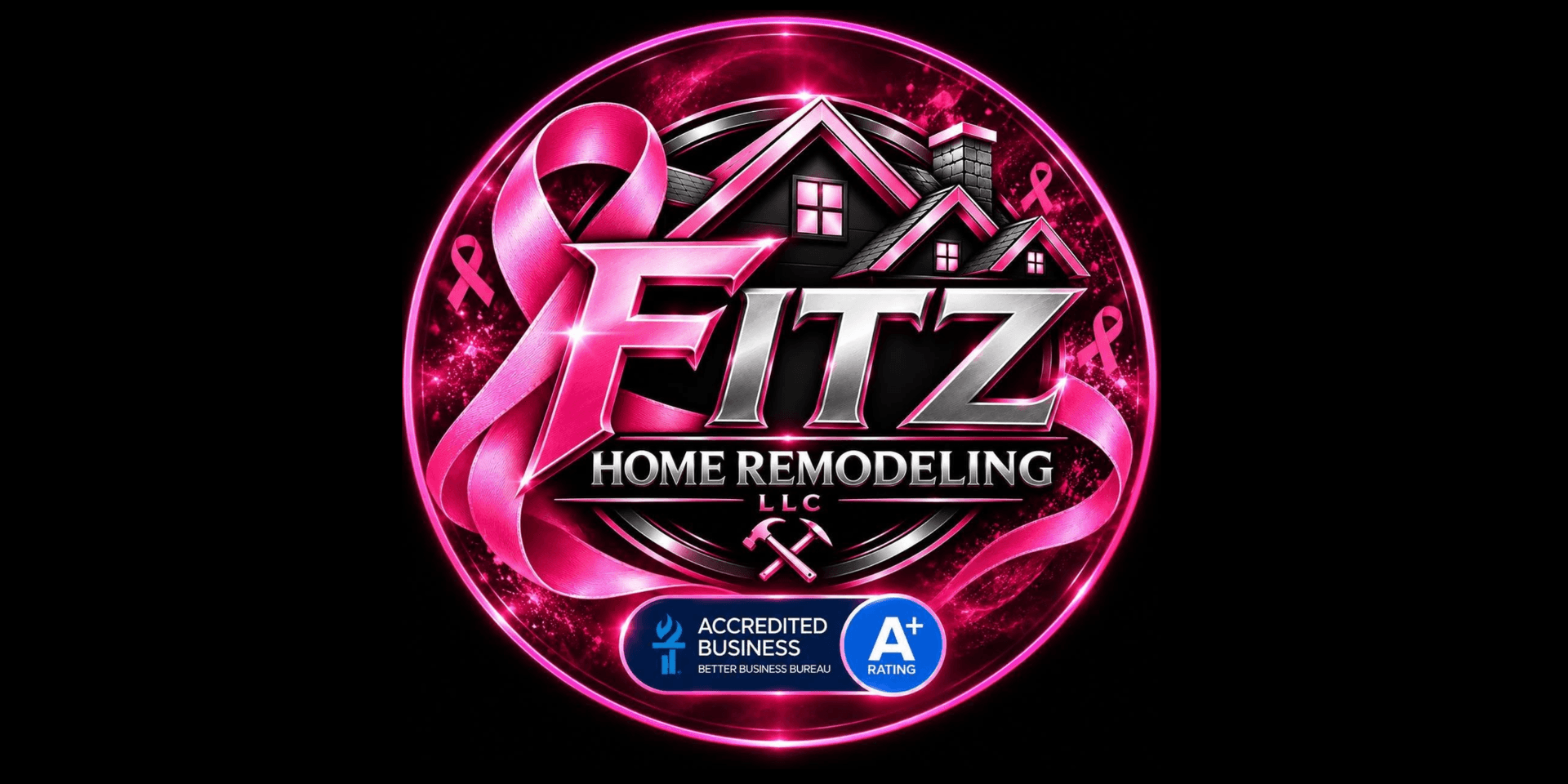 Logo for Fitz Home Remodeling LLC with pink accents and accreditation badge