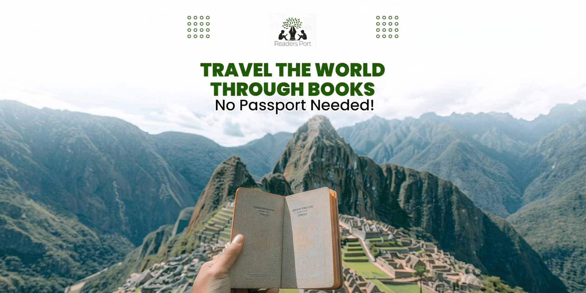 Person holding an open book in front of Machu Picchu surrounded by mountains