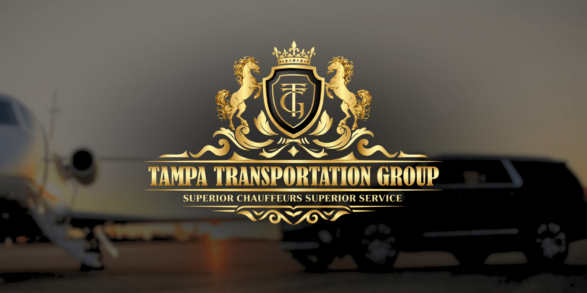 Logo of Tampa Transportation Group with luxury vehicle and airplane in background