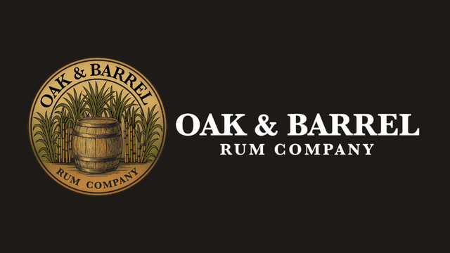 Logo of Oak & Barrel Rum Company featuring a barrel and sugarcane design