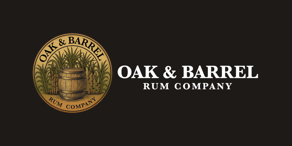 Logo of Oak & Barrel Rum Company featuring a barrel and sugarcane design