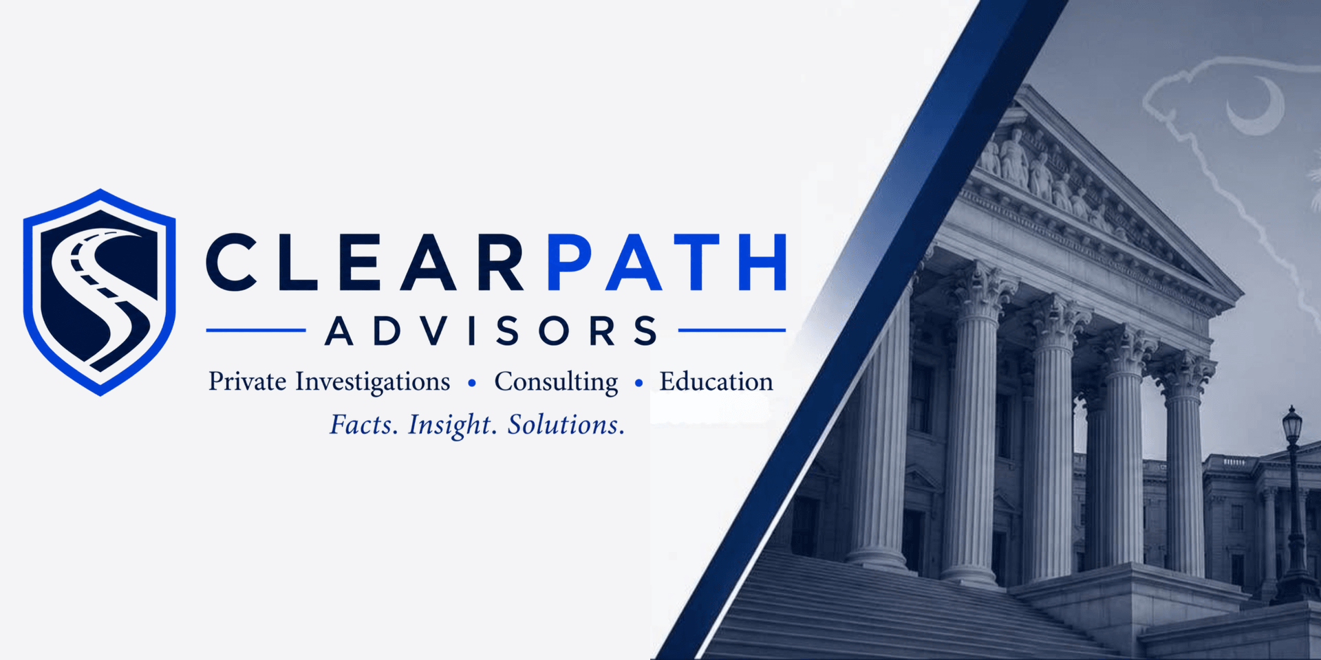 Logo for ClearPath Advisors featuring a shield and columns, emphasizing investigations and consulting services