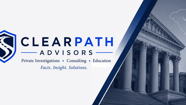 Logo for ClearPath Advisors featuring a shield and columns, emphasizing investigations and consulting services