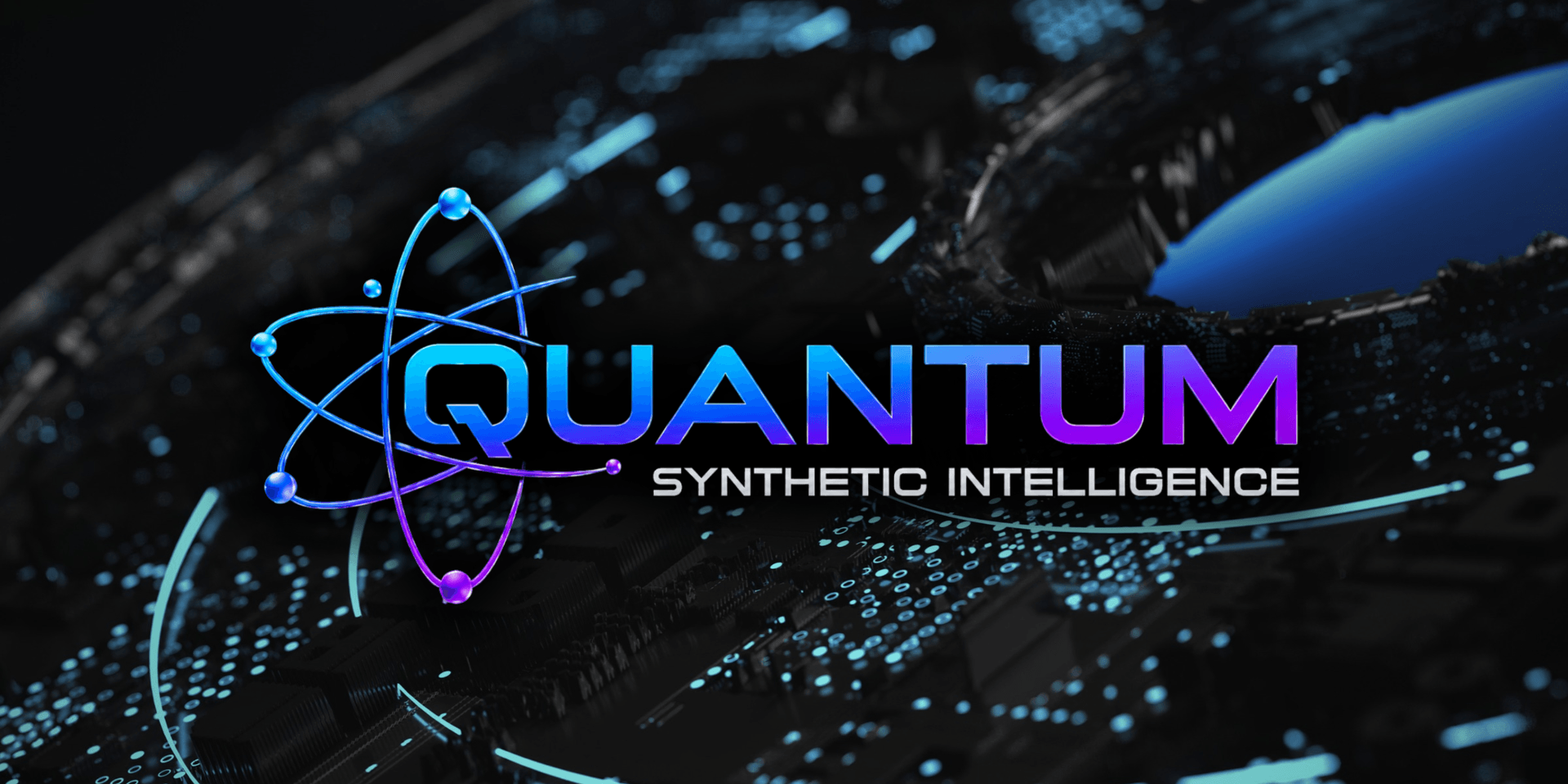 Logo for Quantum Synthetic Intelligence with a tech-inspired background featuring circuit patterns