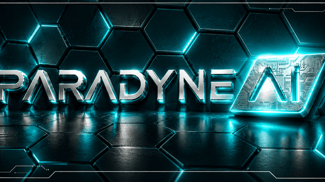 3D metallic logo of "PARADYNE AI" with a futuristic design and glowing accents