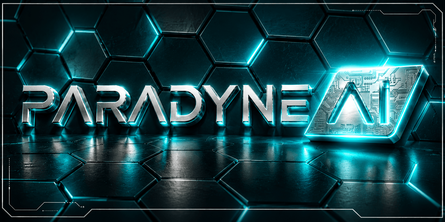 3D metallic logo of "PARADYNE AI" with a futuristic design and glowing accents
