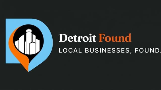 Logo for Detroit Found featuring a skyscraper and a location pin design