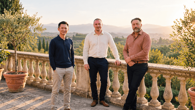 Three men standing on a balcony overlooking a scenic landscape at sunset