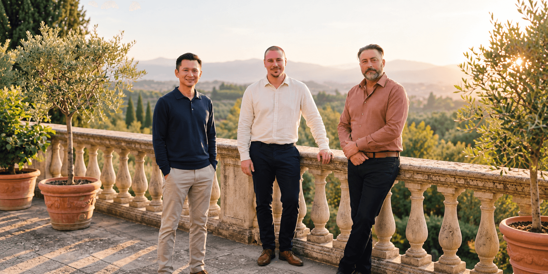 Three men standing on a balcony overlooking a scenic landscape at sunset