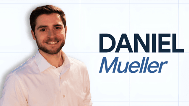 A young man in a white shirt smiles against a light background and name graphic