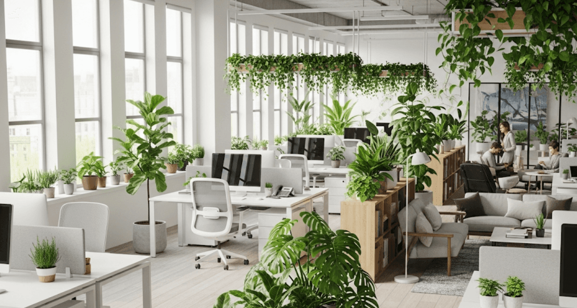Modern office space filled with plants, featuring bright natural light from large windows. The space includes workstations with white desks, ergonomic chairs, and dual monitors, alongside cozy lounge areas with light-colored sofas and bookshelves. Hanging plants add a fresh, green touch, creating a comfortable and sustainable work environment
