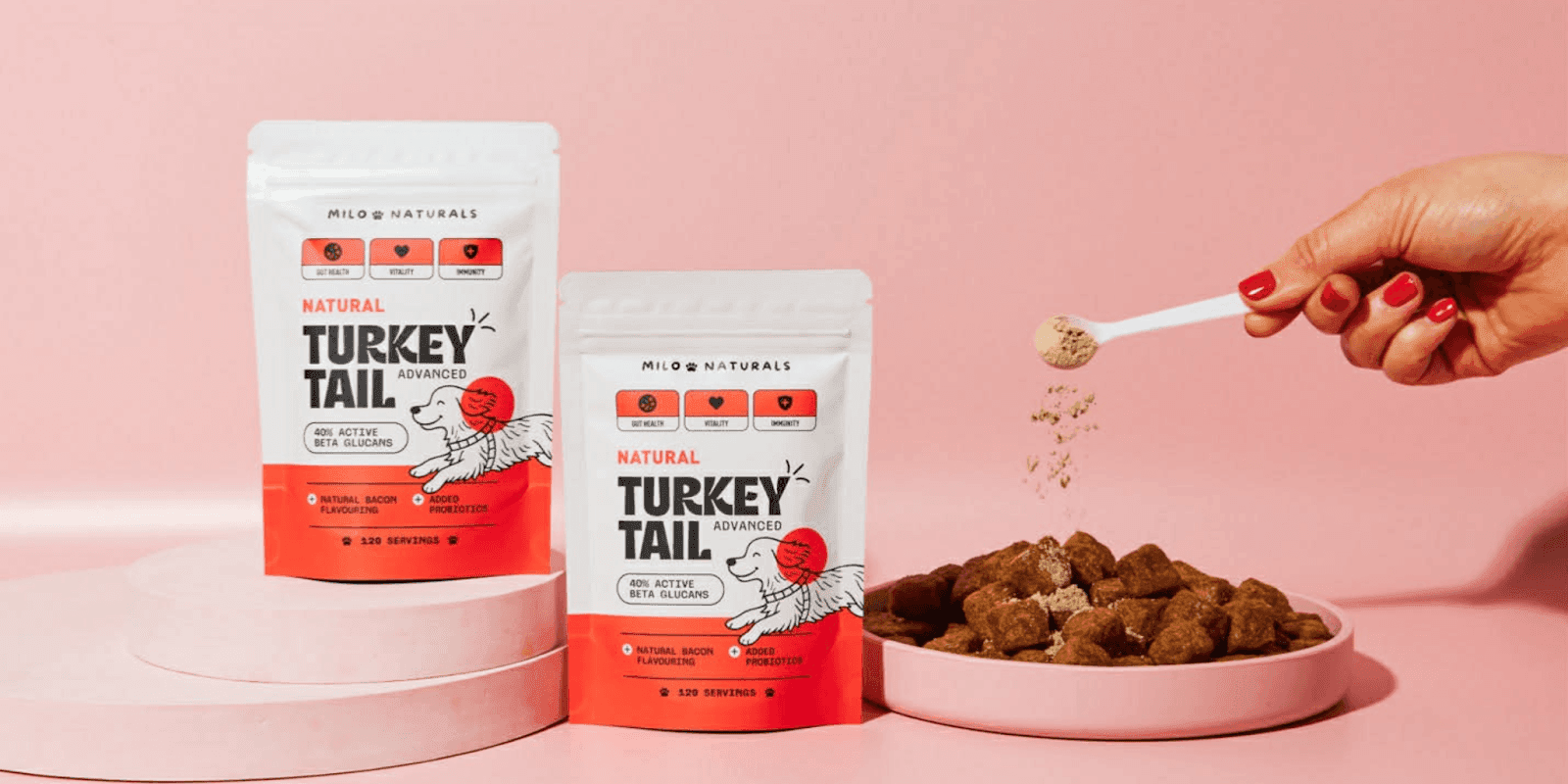 Milo Naturals Turkey Tail mushroom supplements for dogs, highlighting their immune-boosting benefits and natural ingredients.