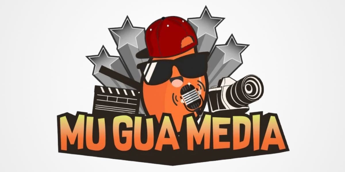 Mu Gua Media logo featuring an anthropomorphic orange character with sunglasses and a red cap, holding a microphone, surrounded by film elements and stars."