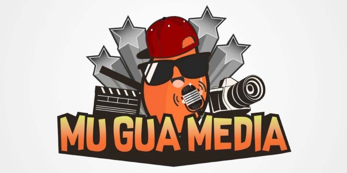 Mu Gua Media logo featuring an anthropomorphic orange character with sunglasses and a red cap, holding a microphone, surrounded by film elements and stars."