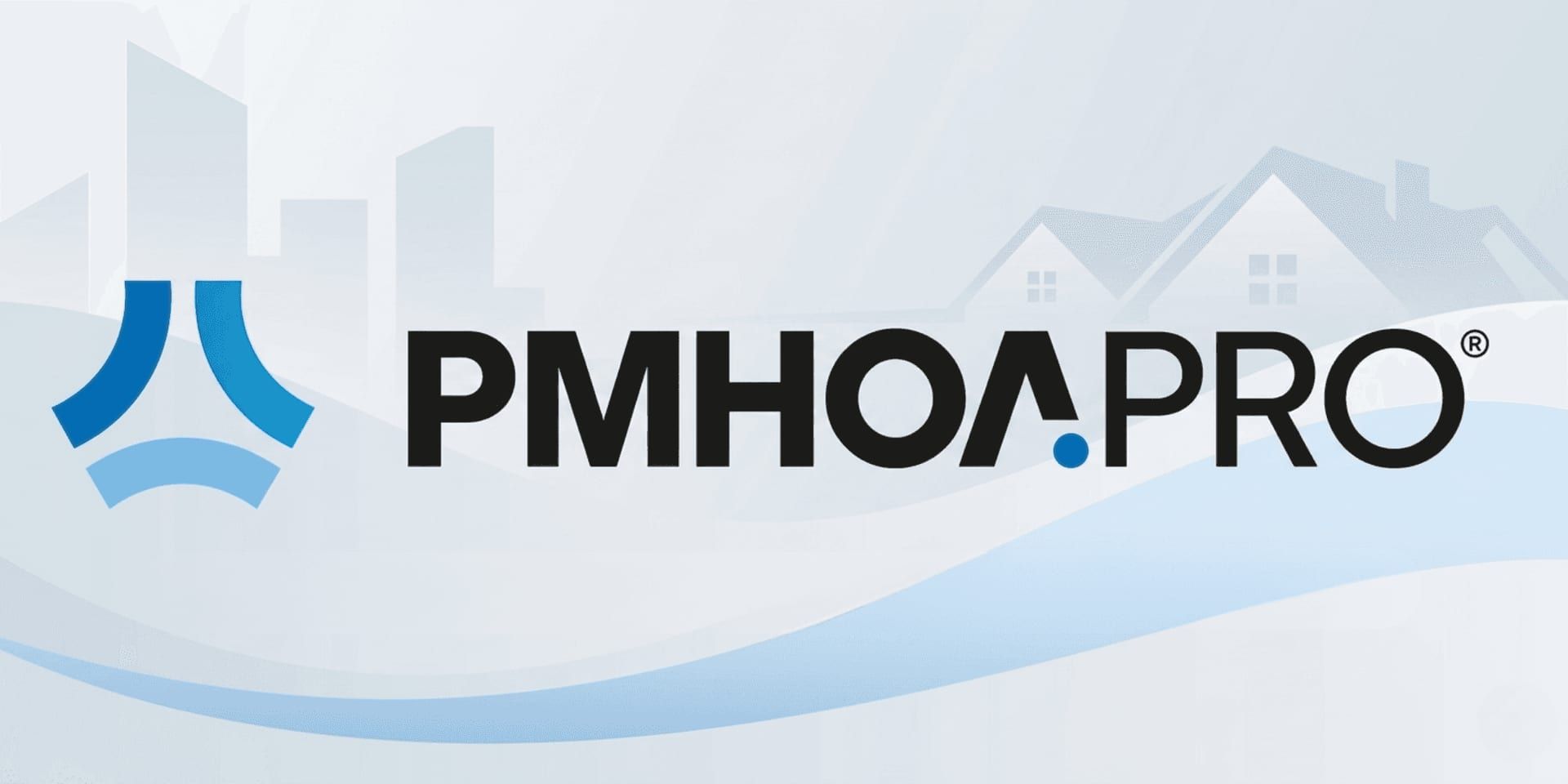 PMHOA Pro logo with blue abstract house icon and black text on light real estate-themed background.
