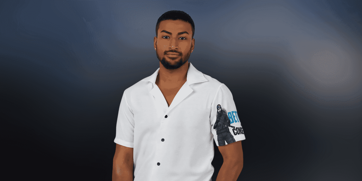 Man wearing white button-up shirt with graphic sleeve design, standing against a dark gradient background.