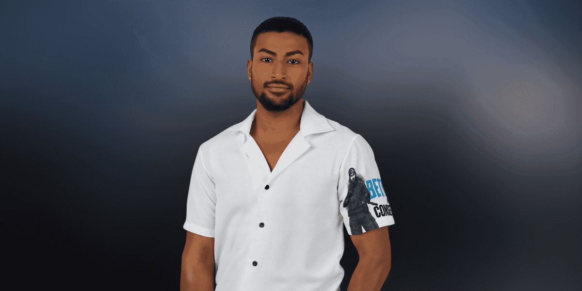 Man wearing white button-up shirt with graphic sleeve design, standing against a dark gradient background.