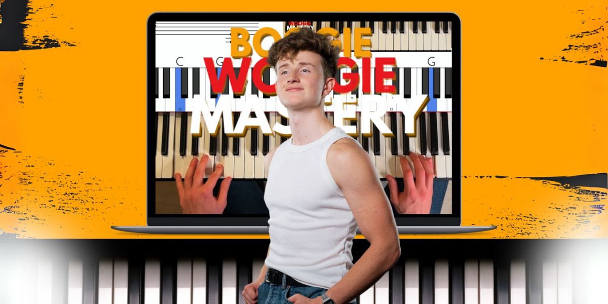 A person standing confidently next to a laptop displaying Boogie Woogie piano tutorial.