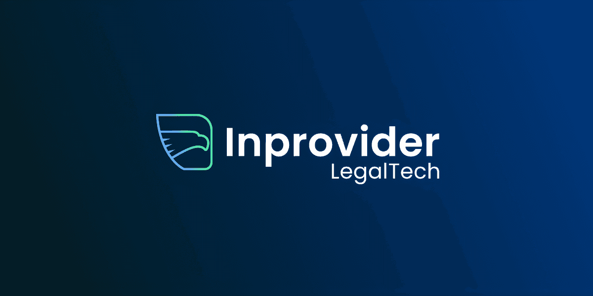 Inprovider LegalTech logo featuring a stylized eagle head with the company name in modern white text on a blue gradient background.