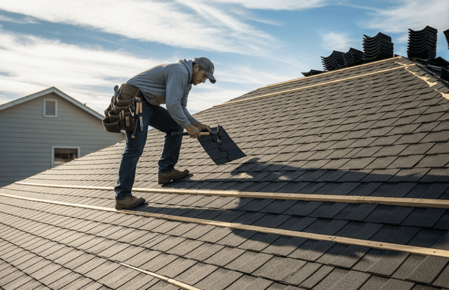 Roofer working on a residential roof, installing asphalt shingles with a hammer and tool belt under a clear blue sky.