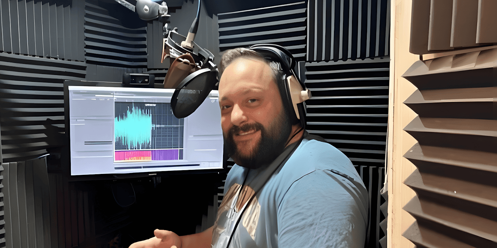 A man with a beard and headphones stands in a soundproof recording studio, smiling while working on voiceover equipment.
