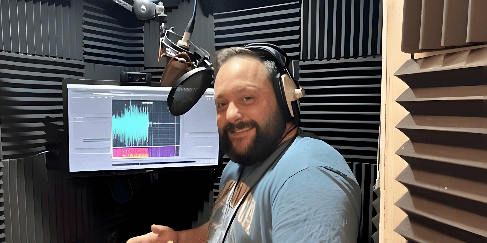 A man with a beard and headphones stands in a soundproof recording studio, smiling while working on voiceover equipment.