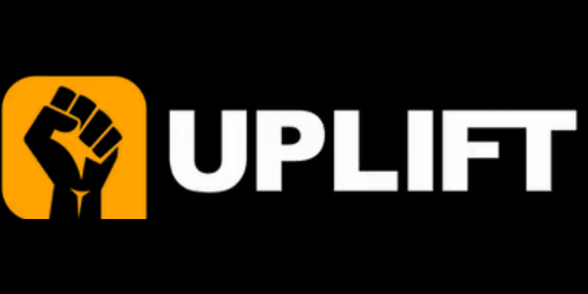 The image shows a logo for "UPLIFT," featuring a raised fist and bold white letters.