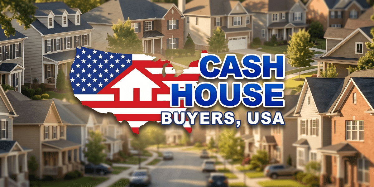 Suburban neighborhood with tree-lined streets and identical homes. A USA map with a house icon overlays the image. Text reads “Cash House Buyers, USA.”